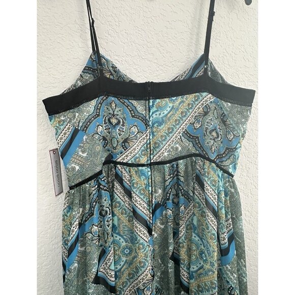 NWT BISOU BISOU Michele Bohbot Teal Scarf Tile Print Black Trim Maxi Dress 14 - Picture 7 of 15